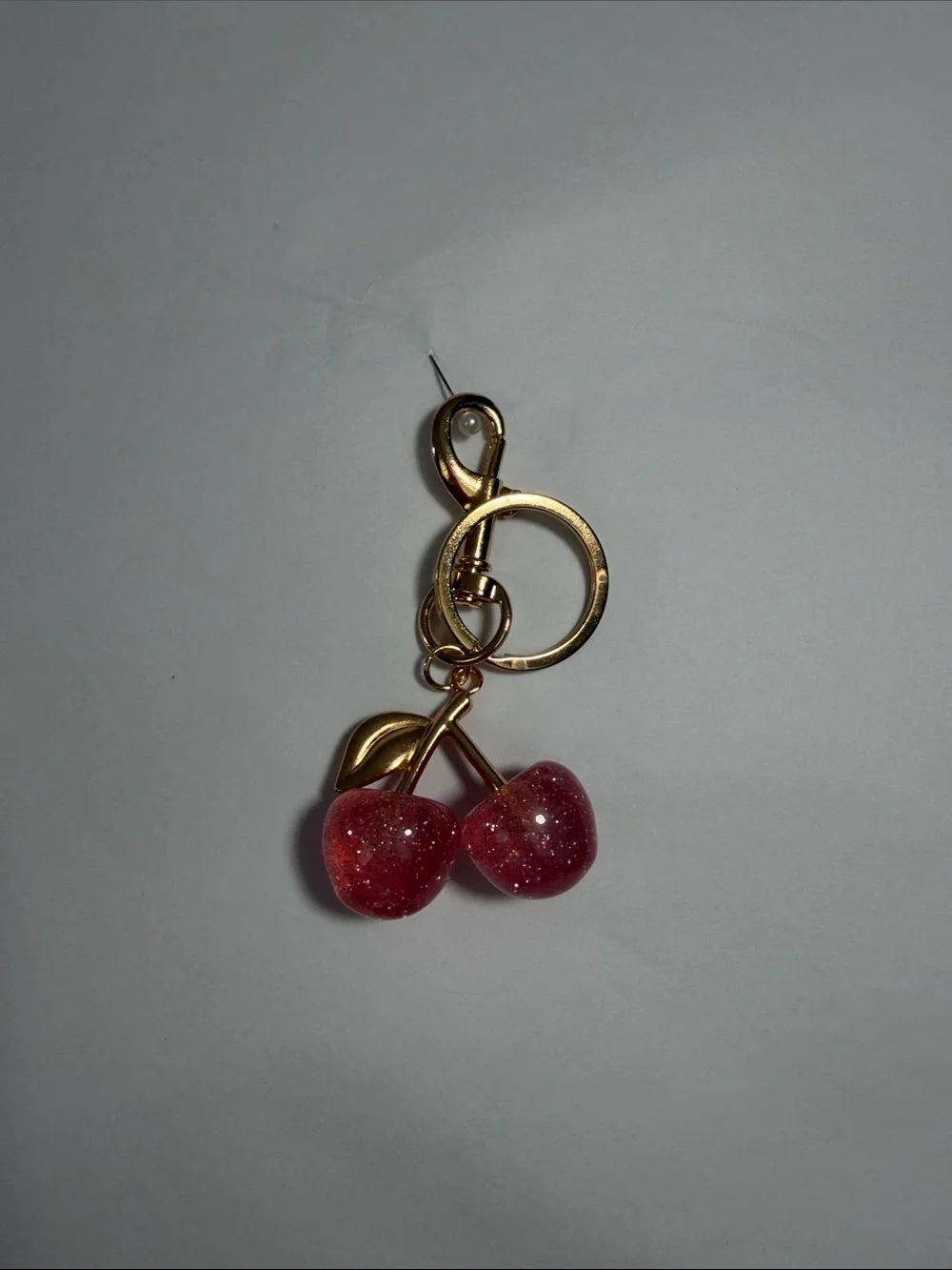 Gold Cherry Pendant Keychain - Pink Glitter Cherries